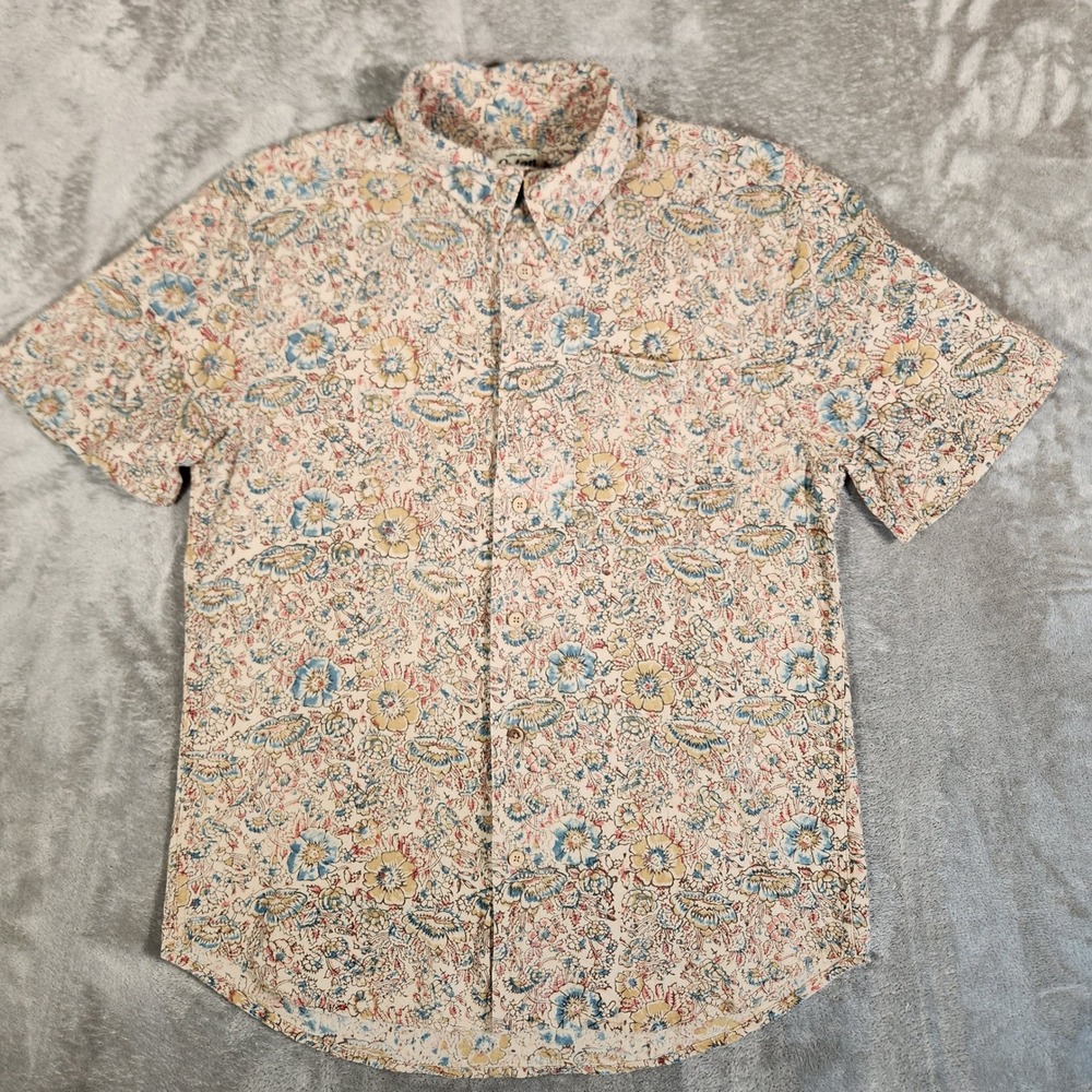 Orton Brothers Button Down Mens Medium Cream Floral Short Sleeve Cotton Shirt